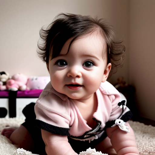 make a 1-year-old baby girl white and black mixed with brown curly hair in a pink baby room
