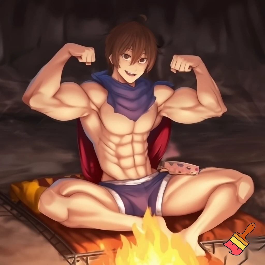 An Anime knight sitting next to a campfire with all of his cloths except his underwear off and he has abs and muscles and is flexing his muscles to the camera 