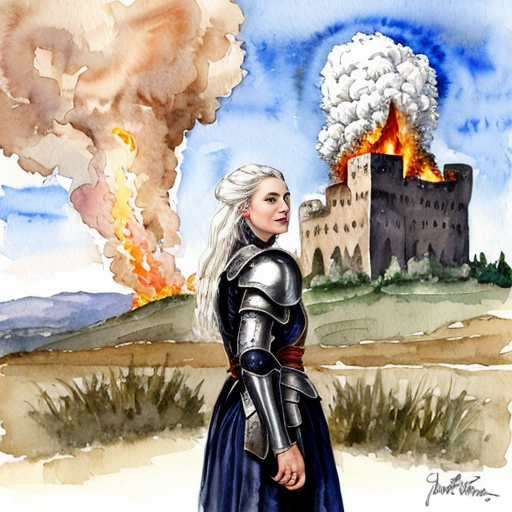 young white-haired woman in armor stands in front of a burning castle into which meteor are falling