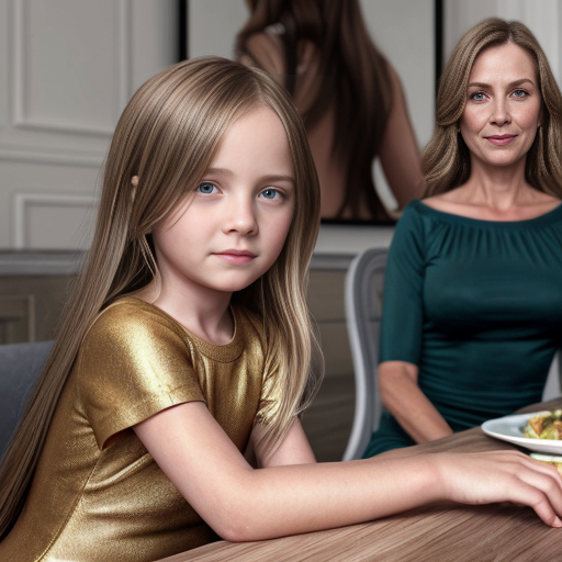 mother and the blonde daughter, on the table, party dress, close up, daughter with long hairs, mom at backround