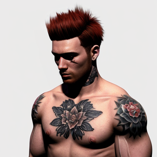 crea un ragazzo con capelli rossi  muscoloso con tatuaggi