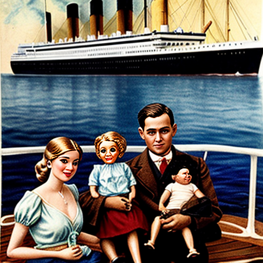 vintage barbie doll , her husband , children ,and baby on the deck of the titanic