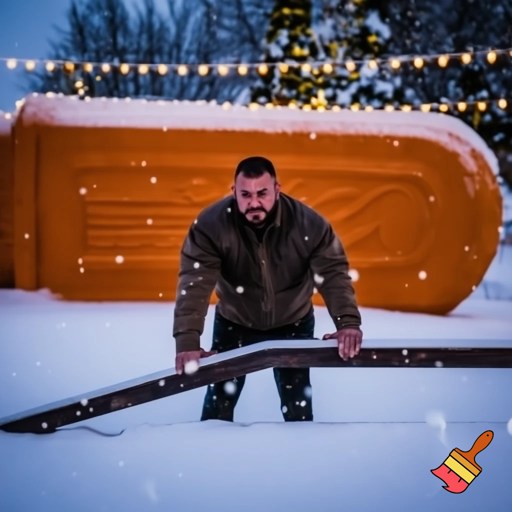 ein mann biegt bei einer großennorangen eissenbieadchiene eisen.. rundum liegt sehr viel schnee, es ist weihnachtszeit