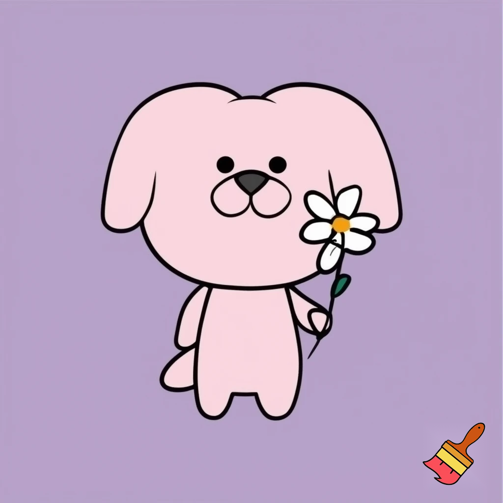 A minimalistic simple cute pink kawaii puppy holding a daisy flower, Japanese drawing style.
