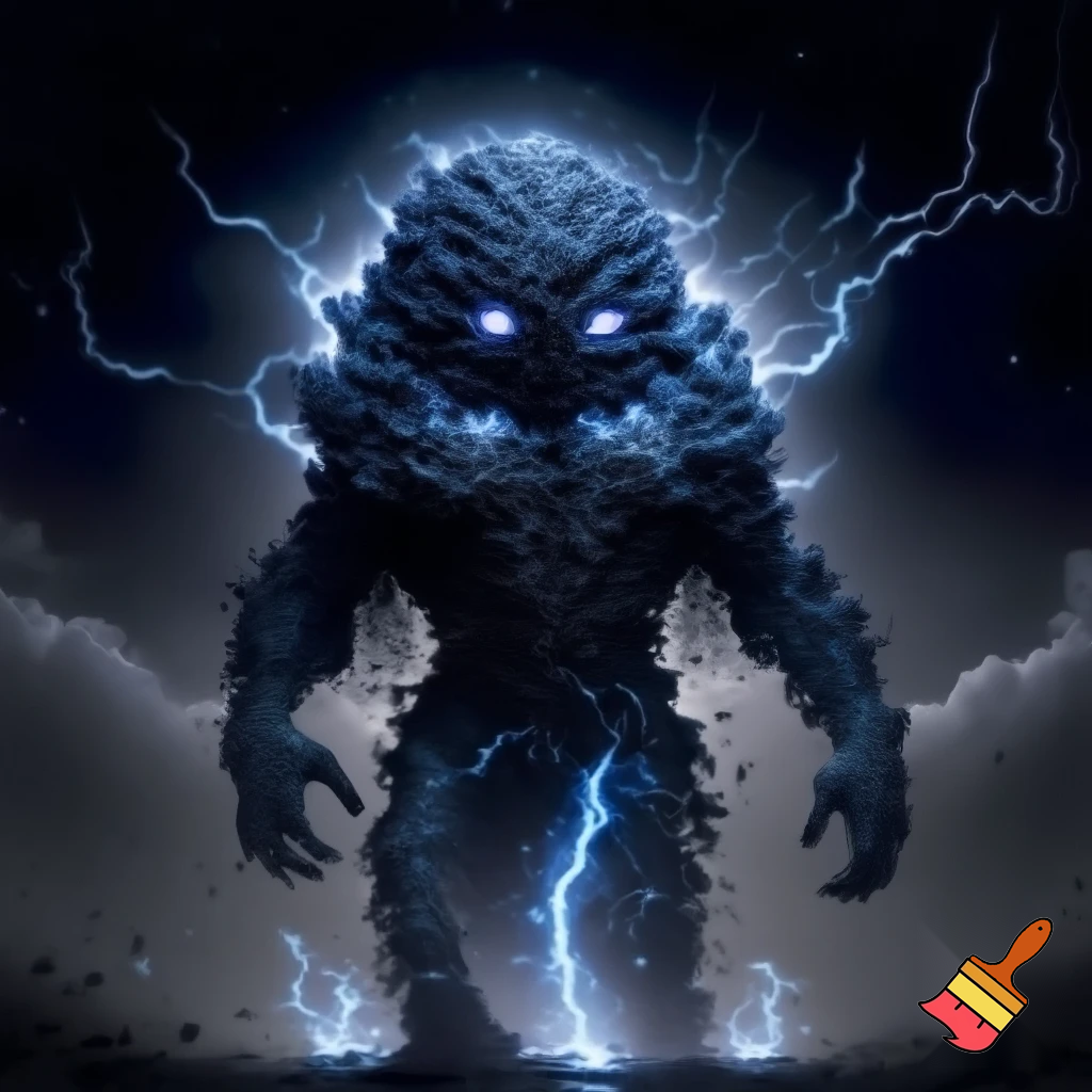 A dark storm-creature with a cloudy, smoky body made of compressed thunderclouds, with glowing white eyes and small electric sparks moving under the surface. His form looks semi-solid, like dense fog shaped into a humanoid figure. Little blue lightning snaps under his feet when he walks. He looks brave but slightly unstable, with wisps of cloud drifting off his shoulders and arms. The vibe is mystical, powerful and atmospheric.