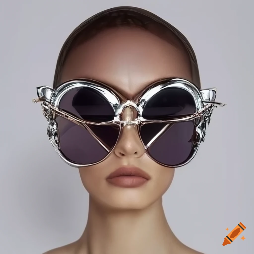 Headpiece sunglasses, asimetric shape sunglasses, liquid chrome style, high fashion, luxury feel, iris van herpen deconstructed rythm