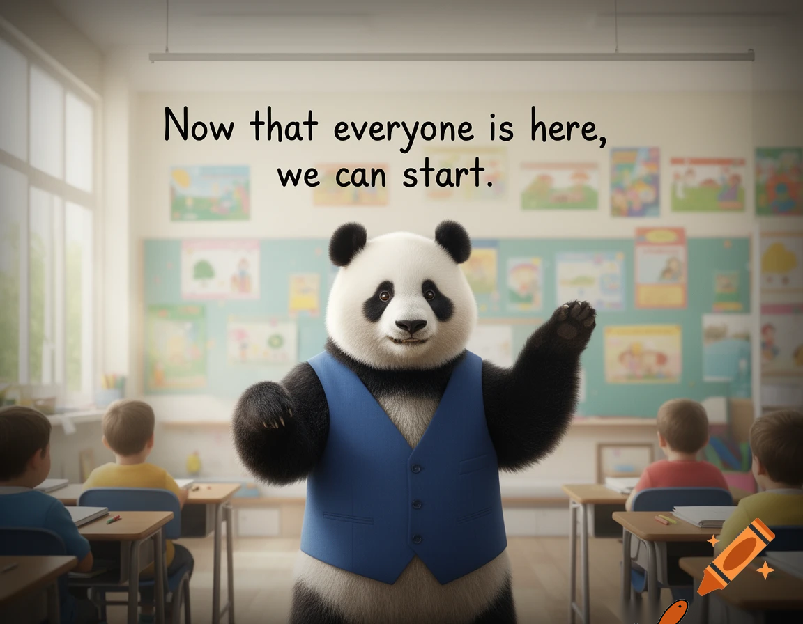 panda teacher says now that eveyone is here we can  start