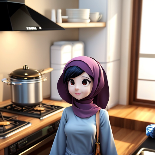 Pixar-style 3D cartoon character, standing at the stove, cooking gesture, exaggerated cartoon features, big expressive eyes, Muslim woman 35-40 years old, fully covered in wide light blue dress, headscarf covering all hair, modest appearance, gray background, consistent character, simple cartoon style, cinematic lighting
