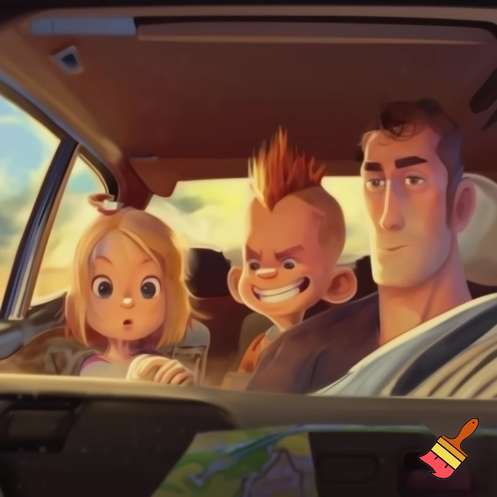 Family of four with a young girl with blonde about five years old, a boy about ten years old with a Mohawk, a mum with messy hair, and a dad whose always serious with patchy hair in a car


