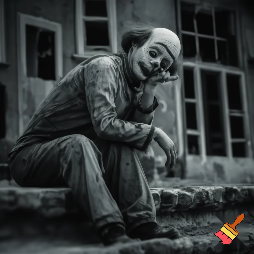 A sad clown sitting on a stone staircase in front of a dilapidated old house in shades of gray, holding his cheek in despair, with a sorrowful smile on his face. The scene is bathed in soft natural light, creating a calm and melancholic atmosphere, with cinematic depth and detailed textures. Ultra-realistic, 4k, cinematic realism.
