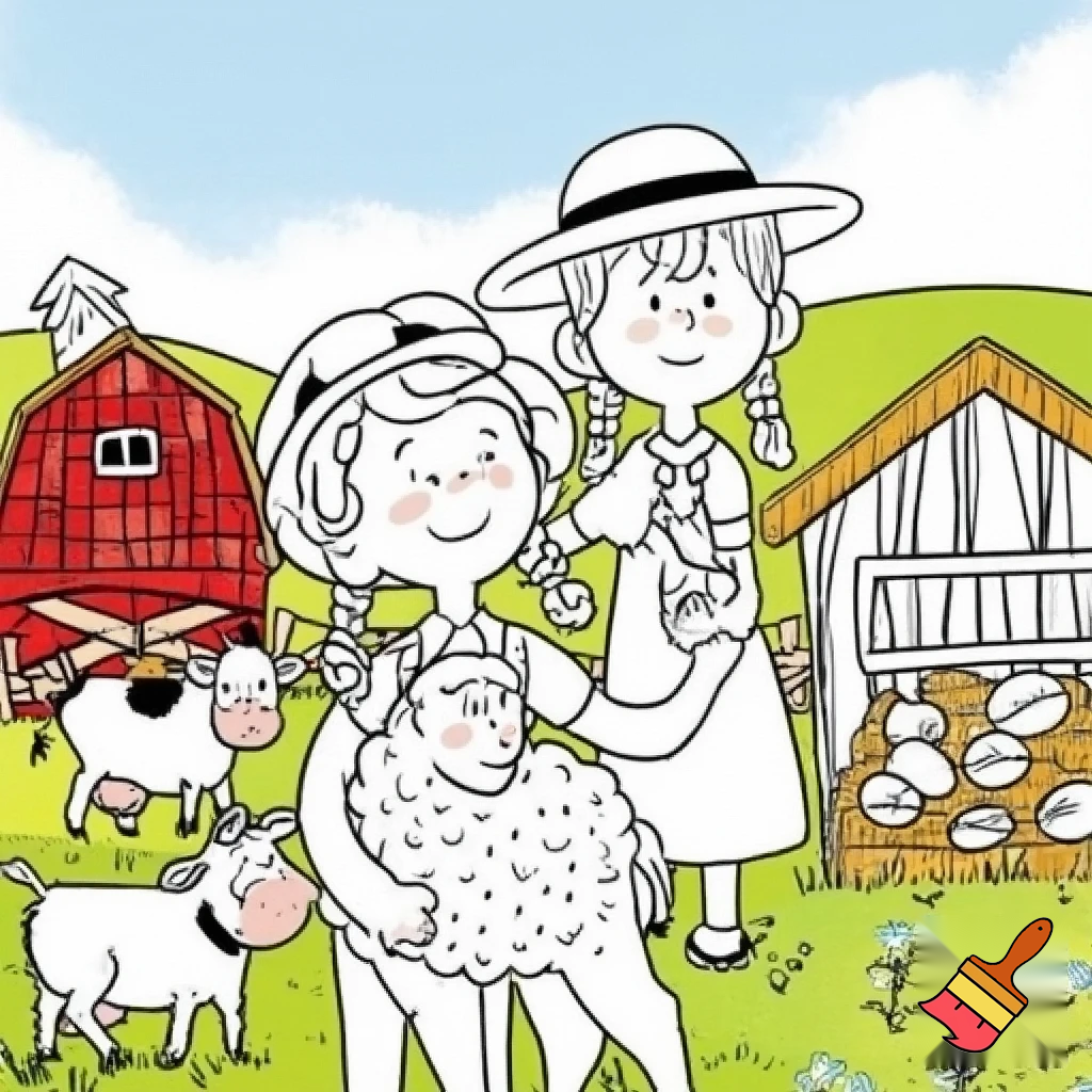 coloring  page  girls at farm