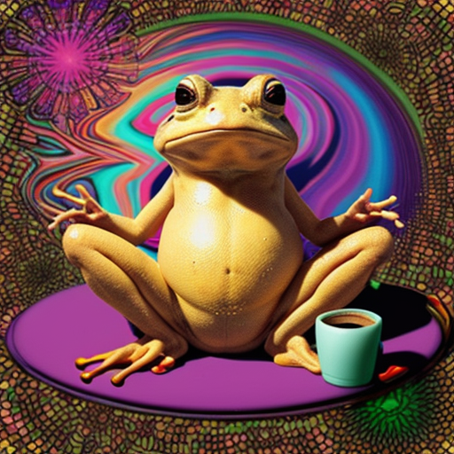 A hillarious, funny boho toad with some hippie colored coffee cups. Psychedelic decorated background.