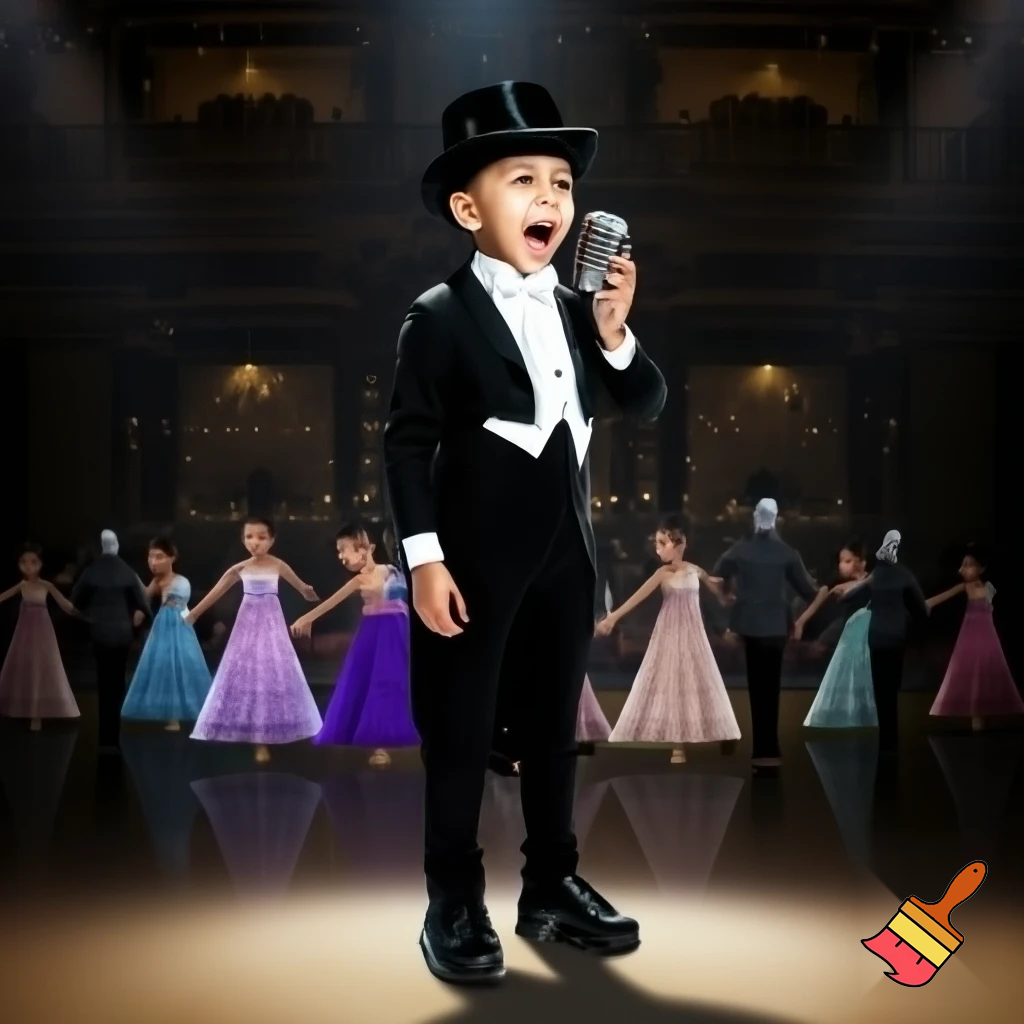 Preteen Boy in shiny Top Hat White Bowtie Black Tailcoat Black Shoes Singing in Microphone on a big Stage. Behind him Ballroom Dance Kid Couples Dancing, the Boys in formal stylish Tailcoats, the Girls in beautiful Ballroom Gowns