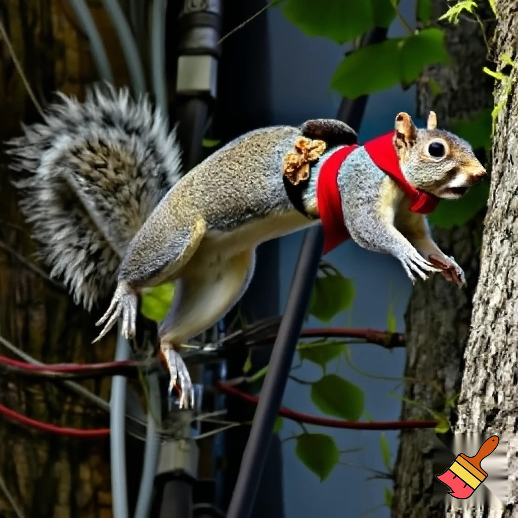 “Ardilla ágil llamada NuezNinja, con cola esponjosa de franjas plateadas, ojos brillantes y una bandana roja deshilachada. Está en un entorno urbano con árboles y cables eléctricos, saltando acrobáticamente entre ramas. Lleva un cinturón con pequeñas nueces especiales. Estilo dinámico, colorido, con sensación de movimiento y energía ninja.”
