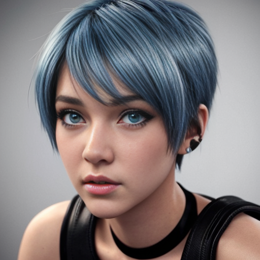 Simple anime cartoon style. Female. Short azure blue hair in an extremely short Spikey pixie cut. Blue eyes. Head shot.