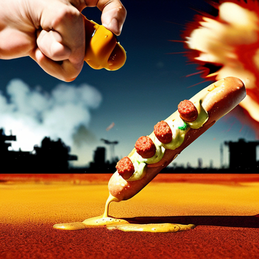 a war scene happening, war background, raining hotdog, and hotdog bomb explode in the air, gun make out of mustard and ketchup