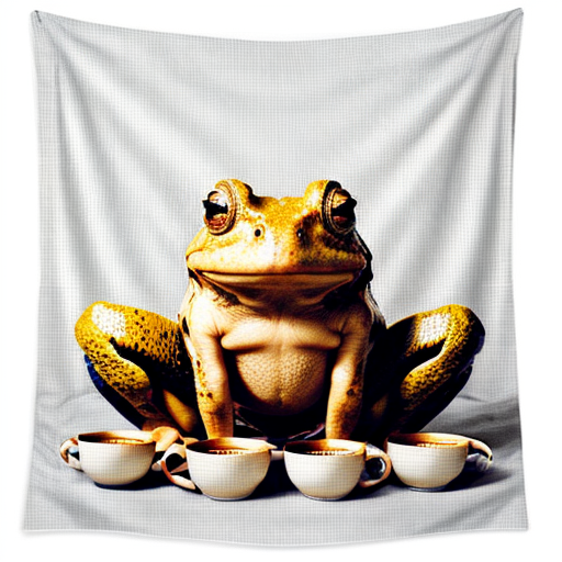 A hillarious, funny boho toad with some hippie colored coffee cups. Tapestry white background.