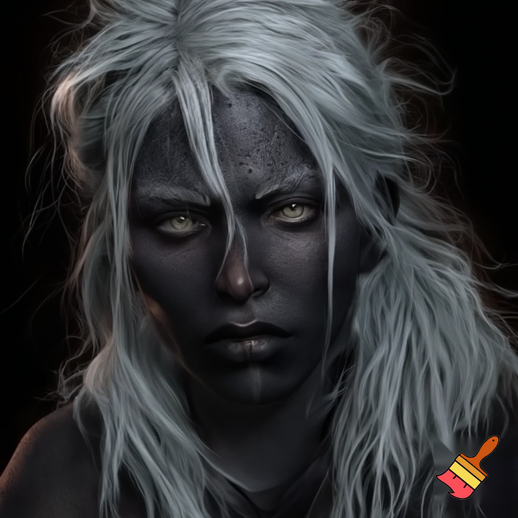 portrait of female character with thick, white, unevenly cut thick hair, realistic, smooth face, charcoal black skin, caucasian features, unkempt hairstyle, lending the person an edgy and adventurous appearance, dark adventure atmosphere, transparent background