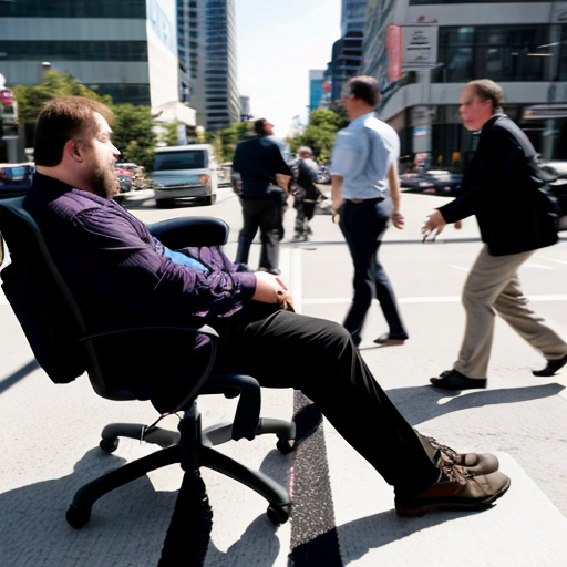 a large but not fat guy in an office chair. One leg is broken and extended horizontally into the seat of another office chair. The guy is sitting on a flat board that holds his leg between the two chairs. Each chair is being pushed by a friend. The group is crossing a crosswalk amidst busy city traffic.
