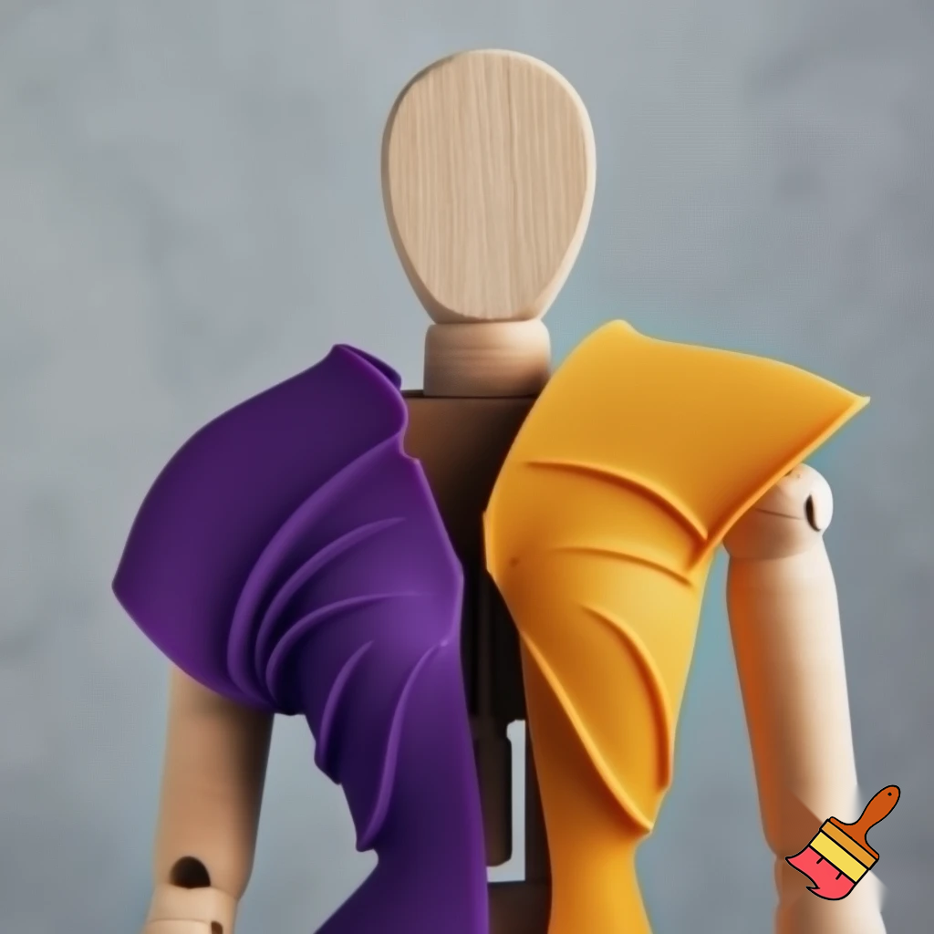 flat woman figure 6 mm cut out of wood with  flat pieces of clothes 3D printed out of plastic attached with help of magnets from both sides so it sits like real clothes and fits the size of woman figure
