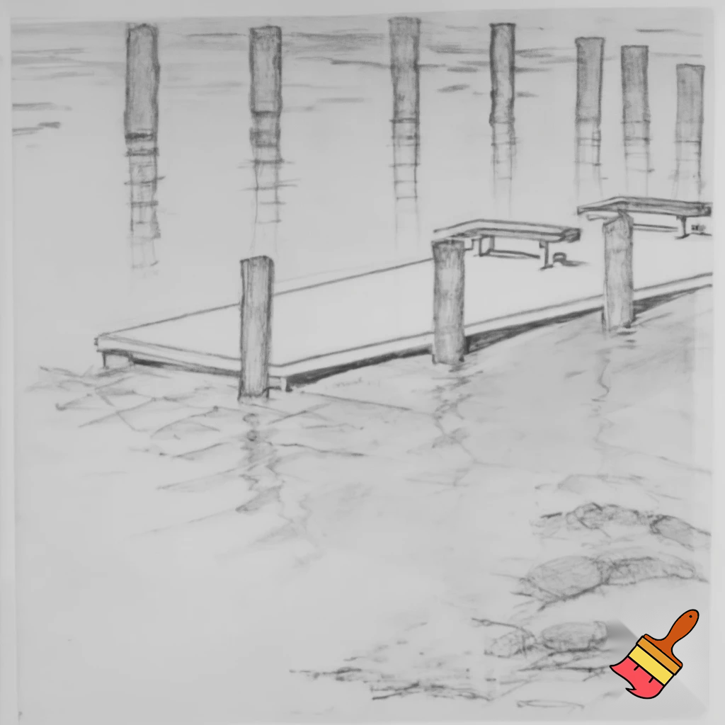 A construction sketch of a dock with 18 pilings and a T shaped end with two benches over a small pond