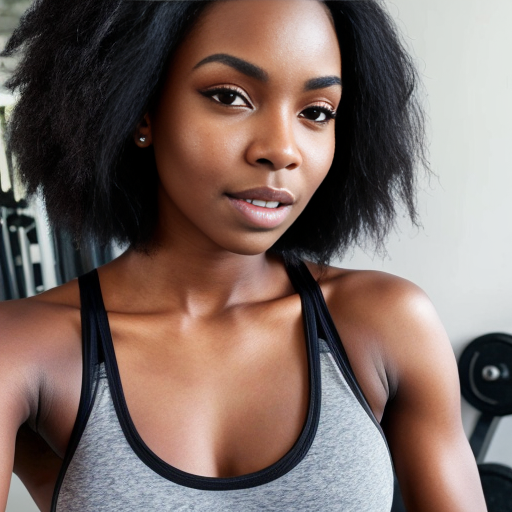 Ashanti with a black sleek middle part bob hair wearing a grey tank top and black bra working out 