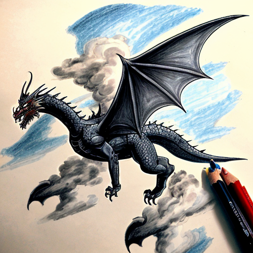 Draw me a mythological dragon flying through the sky above a village, breathing fire on the houses