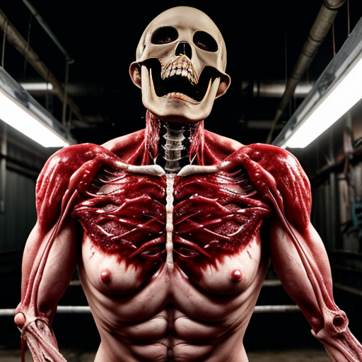 Photorealistic cinematic horror still, grim industrial human abattoir processing facility, blood-drenched concrete walls with exposed rusty pipes and flickering fluorescent lights, long conveyor belt carrying piles of naked flayed human corpses with realistic wet muscle tissue, exposed bones, and glistening blood, scattered entrails and meat chunks on the floor, workers in stained overalls and hard hats handling hooks and bodies with exhausted or horrified expressions, hanging dismembered torsos on overhead meat rails, massive background machinery like giant grinders, visceral body horror and industrial decay, inspired by Texas Chain Saw Massacre, David Cronenberg, H.R. Giger biomechanical style, and Goya's grotesque paintings, ultra-detailed textures, subsurface scattering on skin and blood, cinematic volumetric lighting, raw photorealism, 8k, horror atmosphere --ar 3:4 --stylize 50