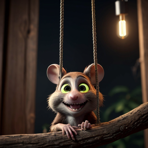 Highly detailed Pixar-style 3D render of Remy the rat from Ratatouille, standing excitedly on a thin twisted vine branch in a dark rustic wooden interior. Remy has big expressive eyes, wide grinning mouth with teeth visible, brown fur, wearing a small khaki chef outfit. He gives a cheerful thumbs-up with one paw while gripping the branch with the other. Surrounding him are intricate networks of organic vine branches and ropes glowing with blue magical sparkles and floating light particles. A hanging lantern nearby emits warm golden light, casting dramatic shadows and rim lighting on his fur and vines. Cinematic atmosphere, soft glow, high detail on textures, fur, sparks, and wood, dark moody background, 8k resolution.