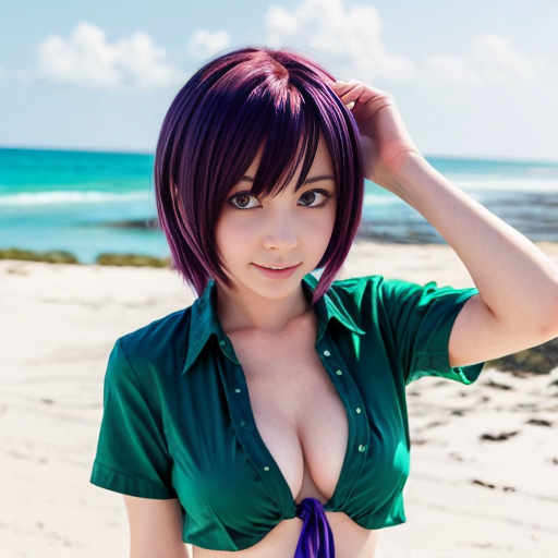 tall shiki ichinose idolmaster anime series blue eyes faded red wine hair+purple unbuttoned shirt+emerald beach bikini+resting on beach+medium distance zoomed-anime girl