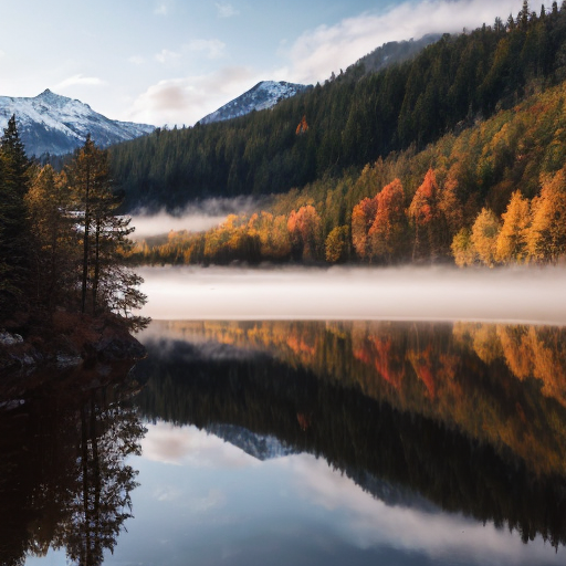 A breathtaking 4K ultra-high-definition landscape wallpaper, photorealistic, shot with a 50mm lens at golden hour. A serene mountain lake reflecting snow-capped peaks and vibrant autumn forests, mist rising gently from the water, soft sunlight breaking through clouds, rich textures in rocks and foliage, cinematic lighting, extremely detailed, sharp focus, no watermark, 16:9 aspect ratio.