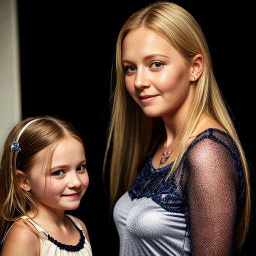 finnish little girl at night dress, very beautiful and eager, long blonde hair, mom at background, close up