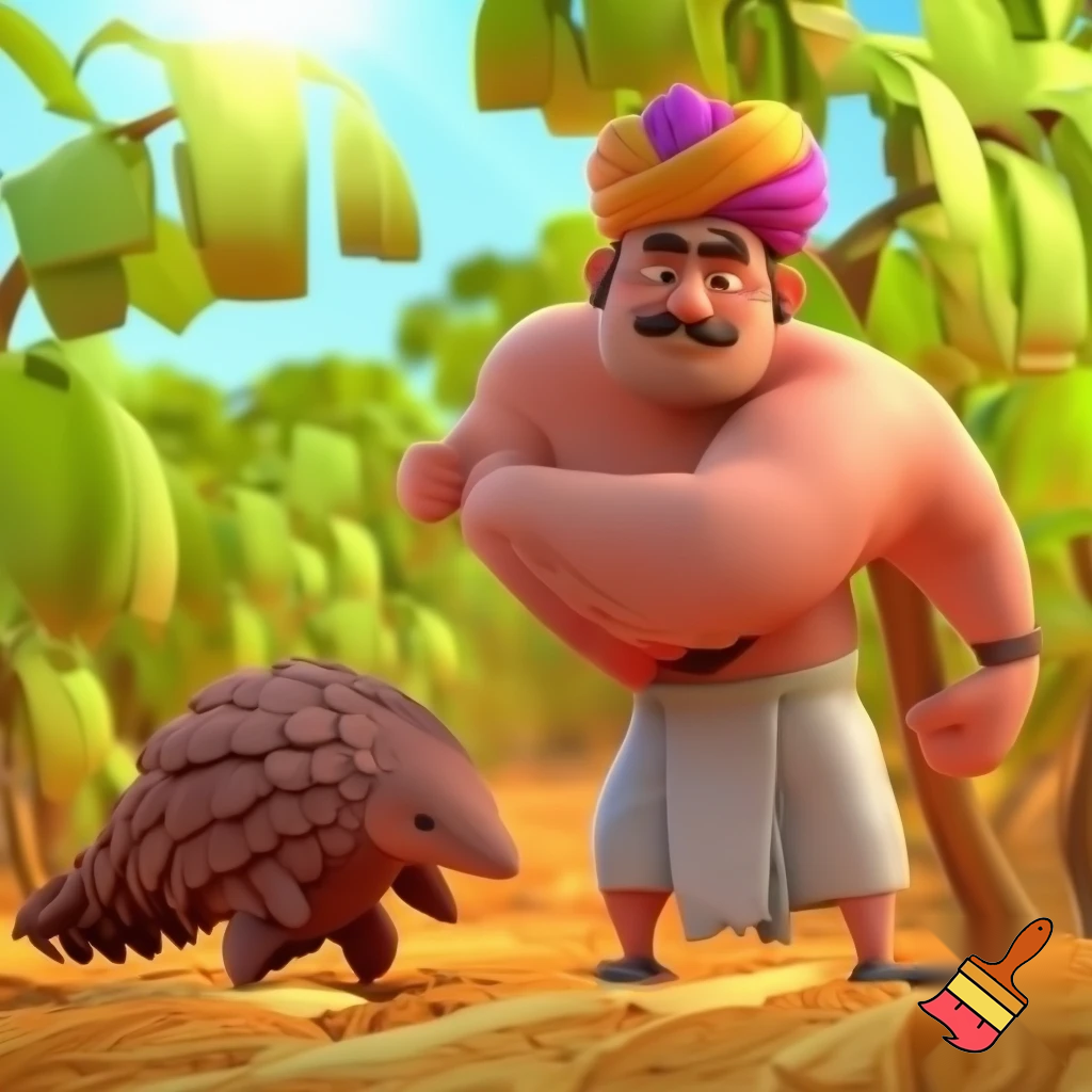 Create a muscular farmer wear a turban and dhoti playing with a pangune  3d cartoon type 