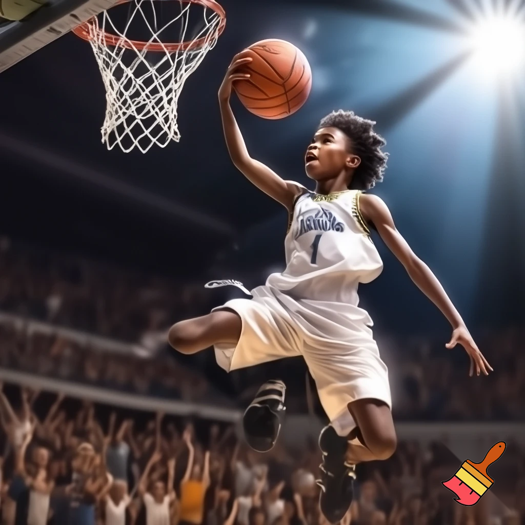  14-year-old Black basketball player in a white "Bullard" jersey sinking the winning three-pointer! 
 14-year-old Black basketball player in a white Bullard jersey hitting a game-winning three-pointer, dynamic action shot, crowd cheering
