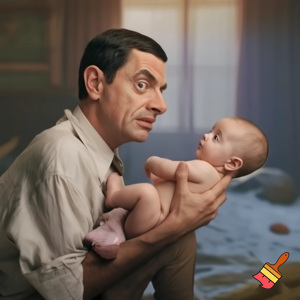 photo of mr bean and a baby
