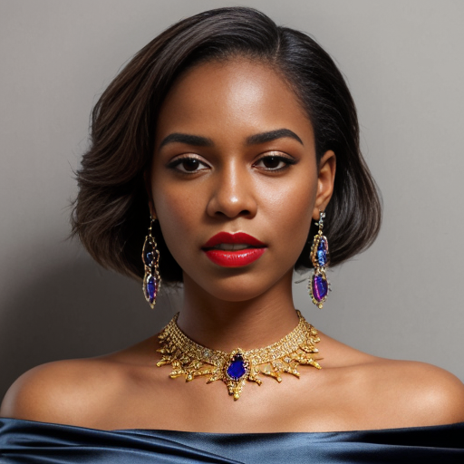 Generate an art-portrait of a young and beauty Black woman. She wears a blue satin off-the-shoulder top, red lipstick. With jewellery: big golden necklace and great earrings with sapphires. The image has a background with gold flakes and gold leaf. 