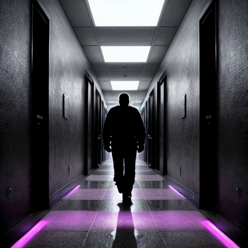 A hyper-realistic liminal space horror scene. A towering, multi-legged shadow entity with a giant, toothy vertical mouth stands in a claustrophobic corridor. The walls are lined with glowing purple fluorescent lights reflecting off a wet, slimy checkered floor. Body horror, analog horror aesthetic, high detail, scary, dark photography.