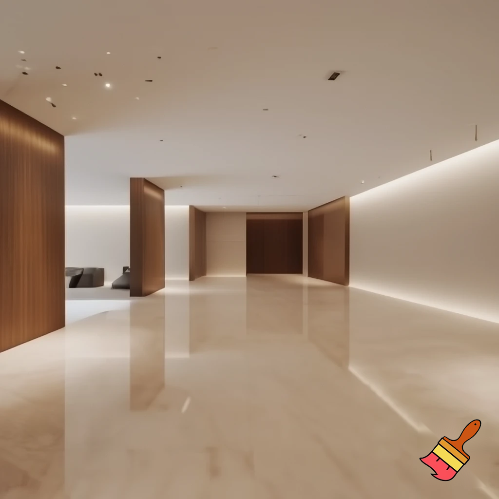 Wide rectangular exhibition hall with a modern and minimalist design, oriented horizontally. The space features polished beige marble flooring that softly reflects light, enhancing a sense of openness and luxury. Smooth neutral-toned walls are complemented by natural wood details on columns, wall panels, and trims. Warm recessed ceiling lights and spotlights illuminate the exhibits, creating a welcoming atmosphere.  The room is elegantly proportioned — wider than it is tall — with contemporary furniture and a refined, serene aesthetic.