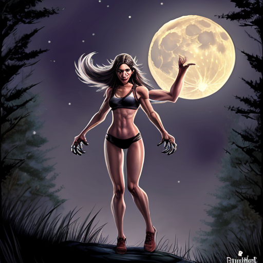 athletic female werewolf shifter. standing in front of the moon. dynamic pose. high quality. in the style of dungeons and dragons. detailed forest background.