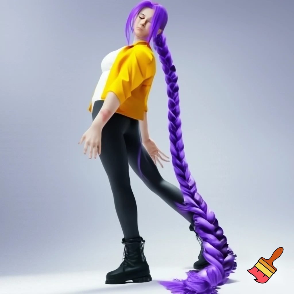 rumi, the main character in the animated film KPop Demon Hunters, is described as a slim and athletic young Korean woman in her early twenties. Her physical description in the film is highly stylized to reflect K-pop idol beauty standards, but the character design also emphasizes her strength and agility as a demon hunter. ties, reconciling her dual nature and the markings that appear on her skin. The hair is a vibrant, brilliant purple (often described as lavender or lilac in fan discussions). Unlike the demon patterns on her body which change color, the purple hair is a static feature that she has had since childhood, suggesting it is a natural result of her half-demon heritage rather than dye.
Style: Her hair is typically styled in a very long, high-swept braid that reaches down to her calves or even ankles. The specific braiding technique is most often a dragon braid or pull-through braid, which gives it a voluminous, segmented, and rope-like appearance that can whip around dramatically during fight scenes. with a yellow jacket and a white top and black pants and black boots