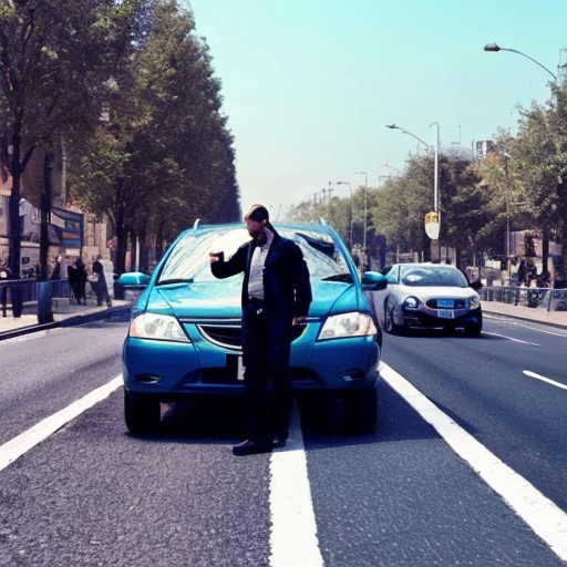 i want a man drawing with blue color high in a centrl road with a car almost to hit him and people doing their shops and making fun of him
