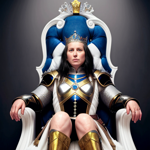 Tall, white-haired Queen of Poland in armor sitting on a throne