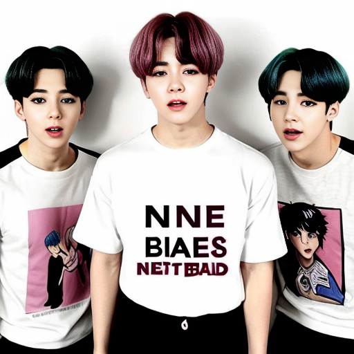 an anime girl in a photo witn tne boy band bts as anime charecters and she has neni written on her shirt