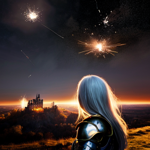 young white-haired woman in armor watches as meteorites fall on her castle