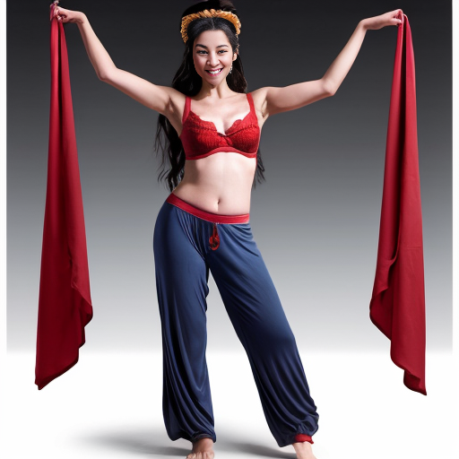 90's disney's 2d aladdin style comic dark blue background and panels of panel 1 Pocahontas barefoot with brown harem pants and bra with both hand palms place together and hiding the bottom of her mouth with a brown veil wrapped around her arms and attached to her head. 
panel 2 she danced with brown harem pants barefoot with brown bra and brown veil wrapped around her arms and shoulders and raising legs and panel 3 Pocahontas barefoot with brown harem pants and bra just bounced up and down her belly  and shook her hips left and right. 
panel 4 as Pocahontas barefoot with brown harem pants and bra spreading her arms, happily revealing her face to the viewer and giving a smile as she turns around shook her butt left and right. 
Panel 5 Pocahontas barefoot with brown harem pants and bra started to fading away , except her belly, which is bouncing around. 
Panel 6 then the ball transforms into the fading in belly of mulan  with red harem pants and red bra and red curved slippers with a  red veil wrapped around her arms and shoulders with her swaying her hips. 
Panel 7 mulan with red harem pants, red bra and red curved slippers and with a red veil wrapped around her arms and shoulders and with her hand palms place together between her chest and she gives a smile and winking her left eye.