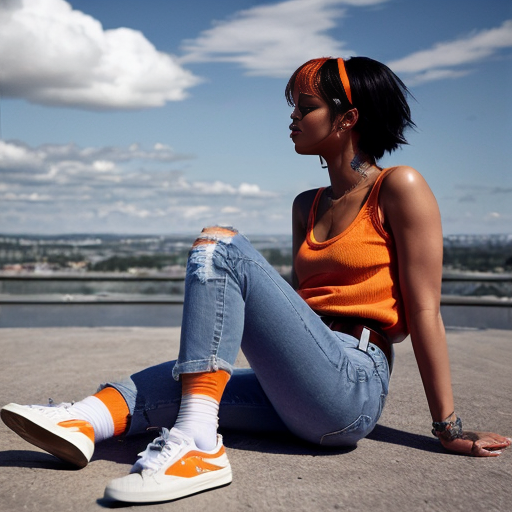 Rihanna orange tanktop belt blue short jeans purple socks orange and white sneakers on a sitting Cloud 