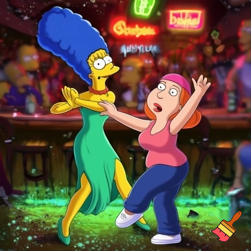 Marge Simpson and Lois Griffin dancing at the drunken clam