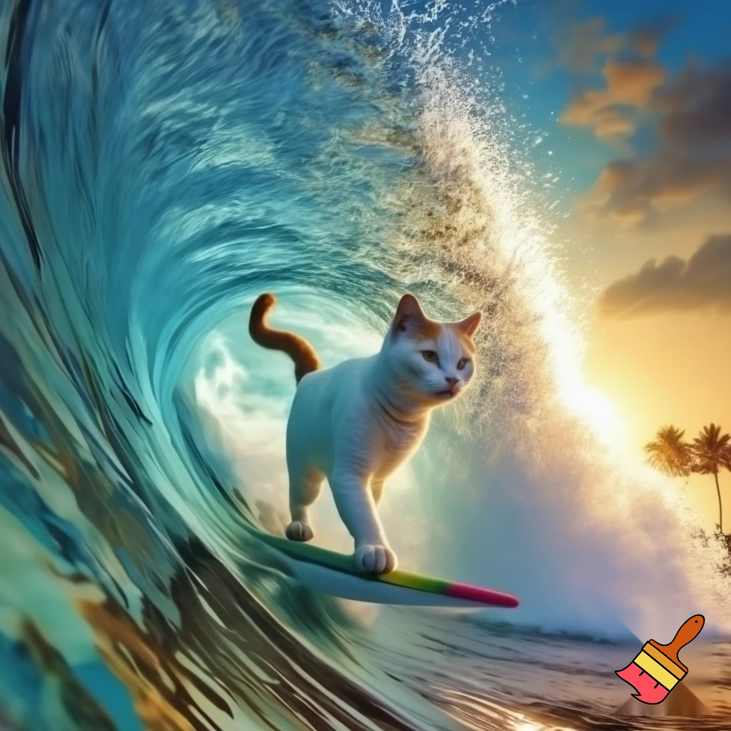A white Turkish van cat riding a wave on a surfboard 