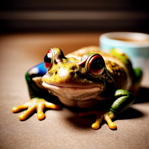 A hillarious, funny boho toad with some hippie colored coffee cups. Psychedelic decorated background.