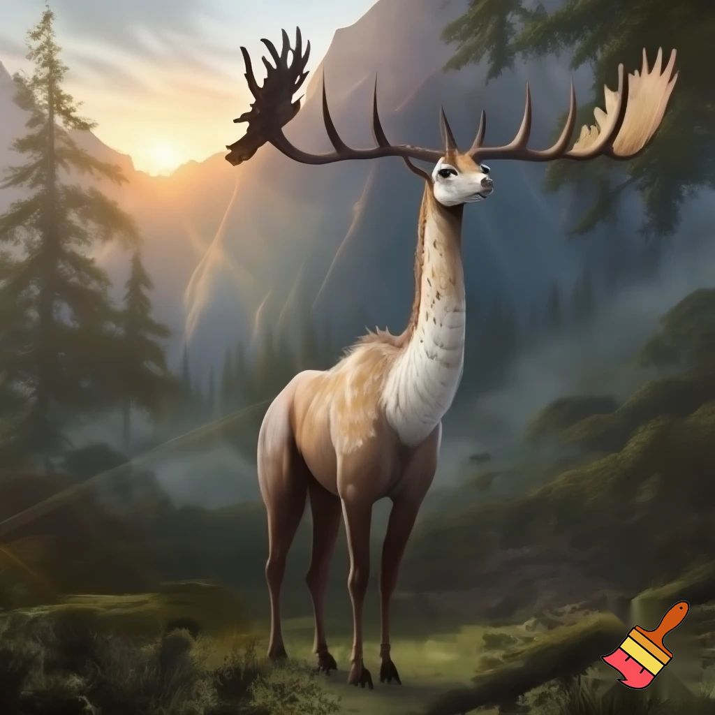 A hybird real life llama + girffe + hawk + moose forset back mountain on